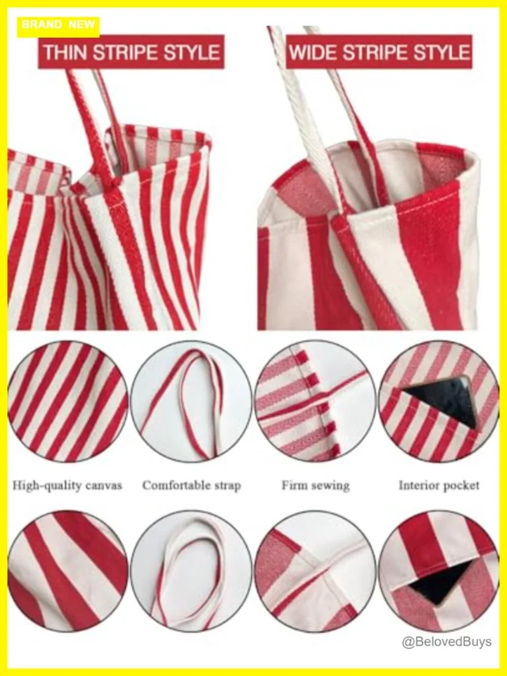 Canvas Tote Bag Vertical Stripes Large Capacity Shoulder Bag Shopping Travel